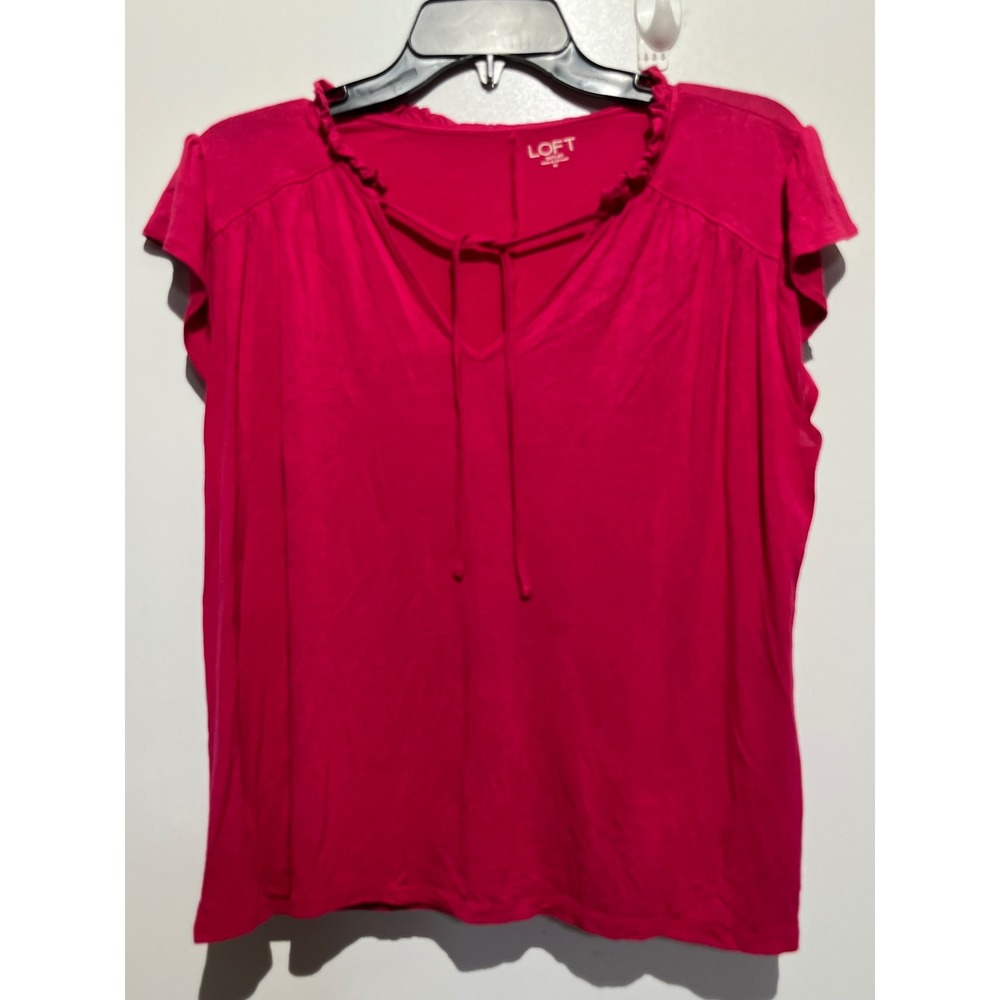 Loft Outlet Womens Magenta Pink Ruffle Tie Neck Rayon Flutter Sleeve Blouse M